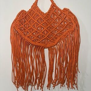 Orange Macramé Fringe Tote Bag